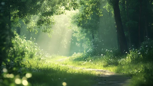 Forest Path with Golden Sunlight Through Canopy.