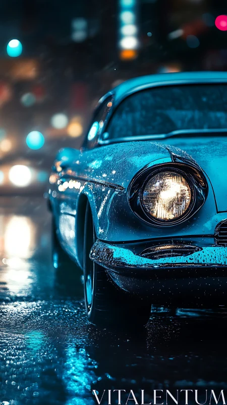 Classic blue car in wet neon city street at night scene.