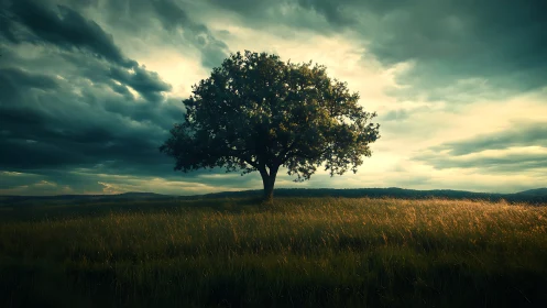 Lone tree in dramatic field landscape, cinematic lighting at dusk.