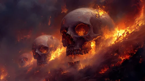Infernal skull procession blazing through storm-dark flames.