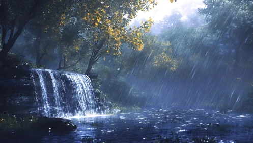 Rain-soaked forest waterfall shimmers in tranquil blue light