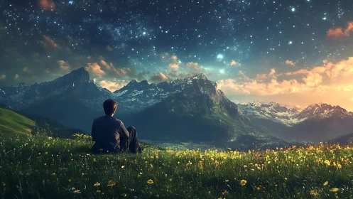 Stargazer overlooking alpine valley under luminous twilight sky.