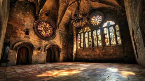 Sunlit stained glass turns silent stone hall into warm fire
