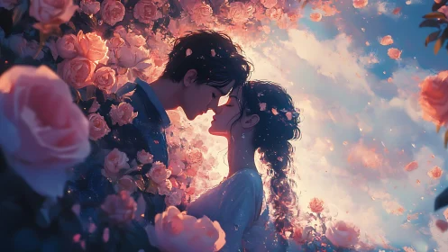 Two figures embrace amid floating pink roses and celestial light.