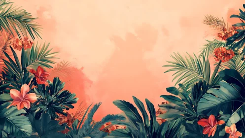 Tropical leaves and flowers frame on soft coral background.