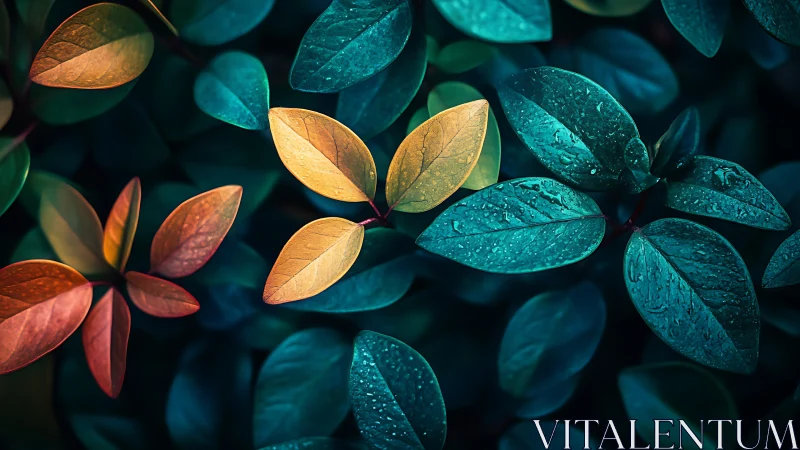 Chromatic foliage study shows dewy leaves under directional light