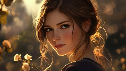Sunlit portrait of a young woman amid soft garden blooms.