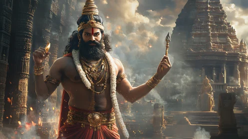 Epic mythological warrior before smoking temple complex.