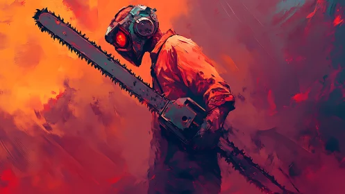 Chainsaw-wielding figure in respirator mask, neon inferno palette