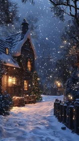 Snowy village lane glows under warm cottage lamplight
