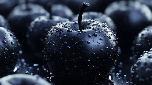 Night-slick apples whisper under a velvet blue drizzle