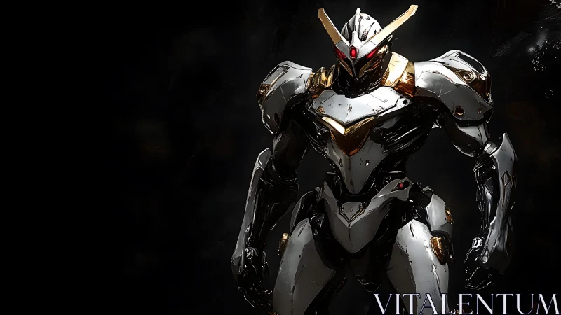 3D mech warrior in high-contrast chromium armor rendering.