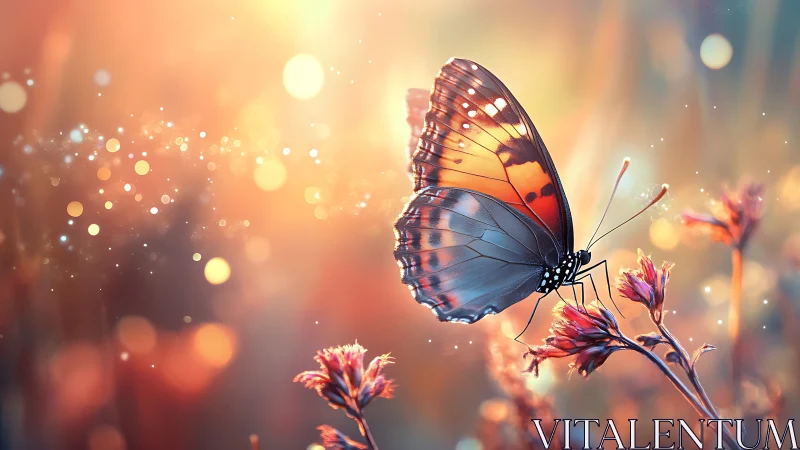 Gentle butterfly resting in dreamy golden evening light.