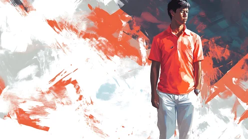 Young man stands before bold orange abstract brush field