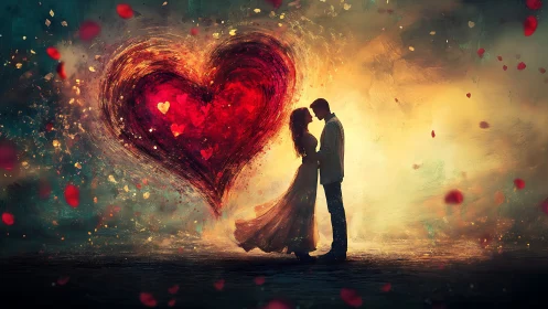 Couple silhouettes kissing before luminous heart vortex with fire effects