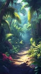 Tropical Jungle Pathway Through Sunlit Palms.
