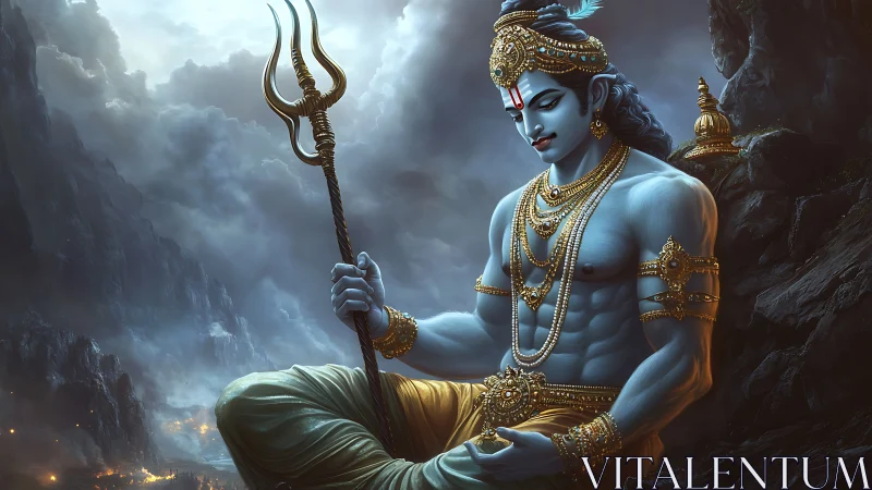 Blue-skinned divine warrior rendered in high-detail digital painting