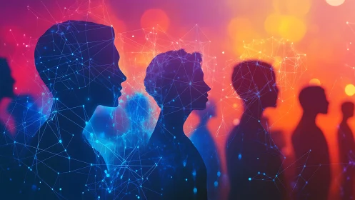 Silhouetted human network glows within neon data mesh.