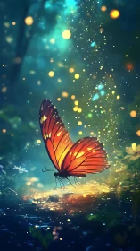 Glowing orange butterfly in a luminous forest clearing.