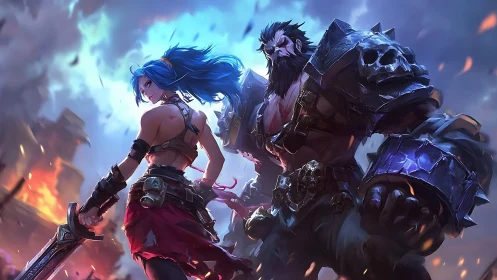 Bold warrior duo standing strong in a storm of rising fire.