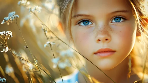 Young Girl with Striking Blue Eyes Amid Wildflowers in Golden Sunlight.
