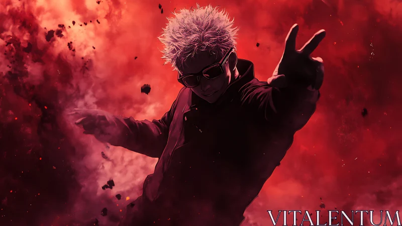 White haired anime figure in red explosive cloud scene.