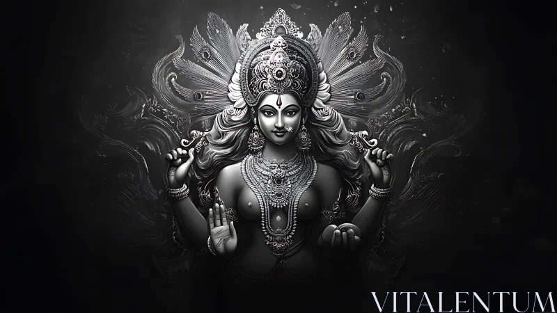 Divine multi-armed goddess rendered in monochrome relief art.