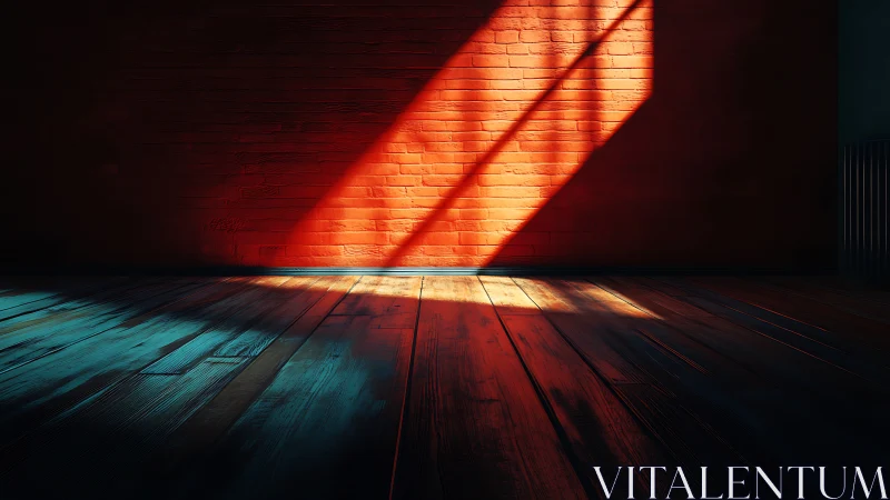 Angular sunbeam projects across brick wall and textured floor