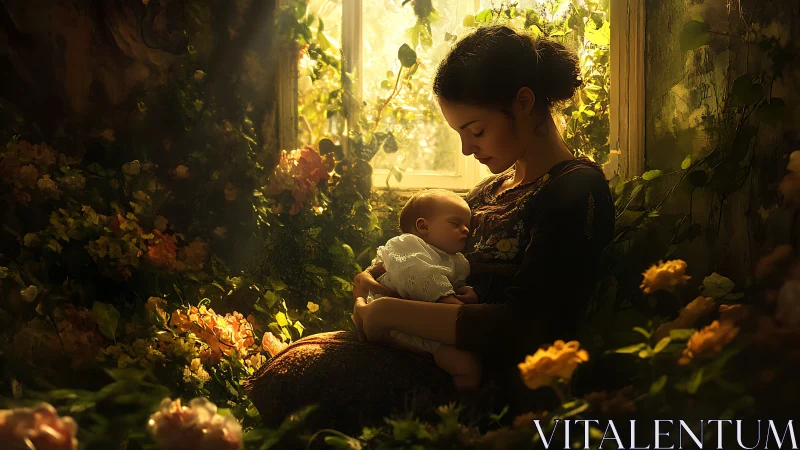 A Mother's Quiet Garden Moment with Her Newborn