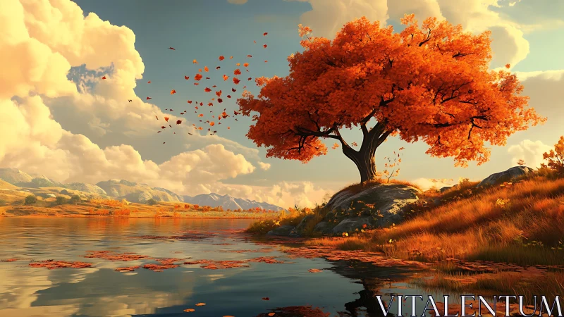 Solitary autumn tree overlooks reflective lake under warm sky