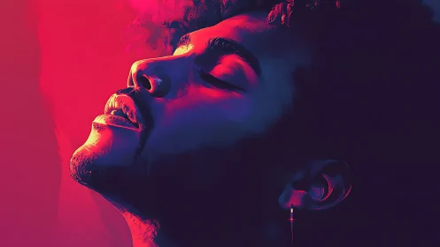 Portrait in neon gradients with closed eyes and earbuds.