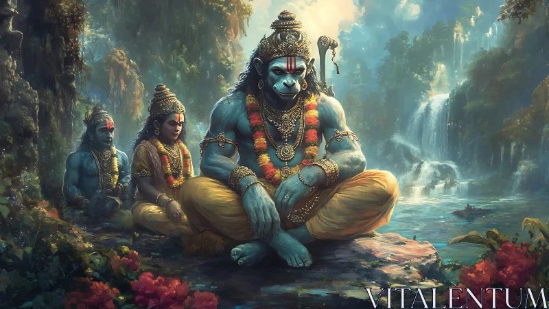 Divine simian guardian meditates by lush celestial falls.