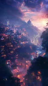 Dreamy neon mountainside city glowing under twilight skies.