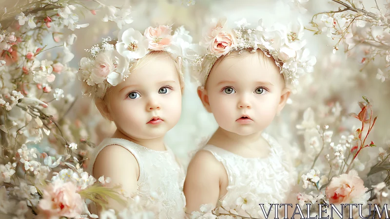 Twin Cherubs Crowned in Blooms Within Ethereal Garden