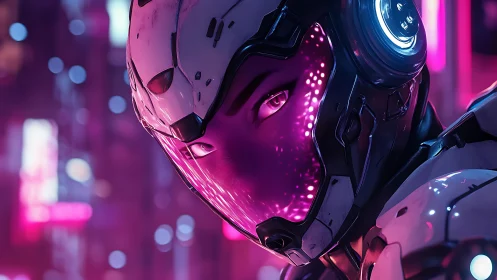 Neon-lit cybernetic heroine watches over a futuristic city