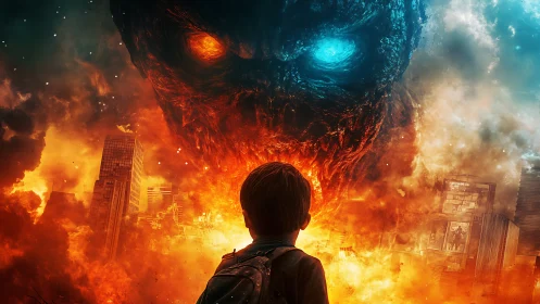 Child confronts colossal fiery cosmic entity over cityscape.
