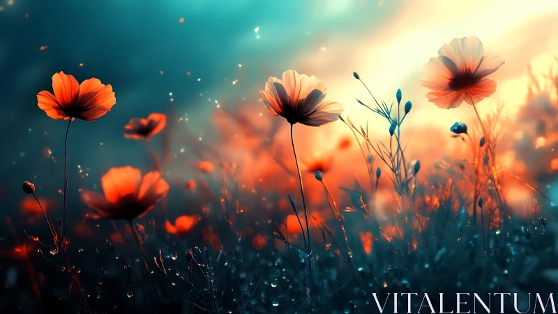 Field of cosmos flowers with warm backlighting and bokeh effect.