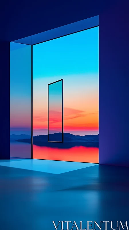 Geometric window frames serene neon mountain sunset view.