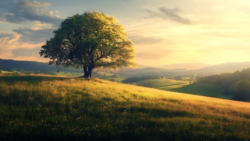 Solitary oak crowns sunlit hillside under warm sunset glow.