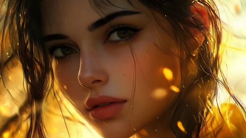 Woman&rsquo;s close-up portrait in warm golden backlight glow.