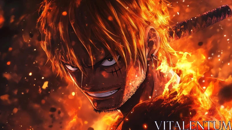 Flaming swordsman portrait in intense orange inferno glow.