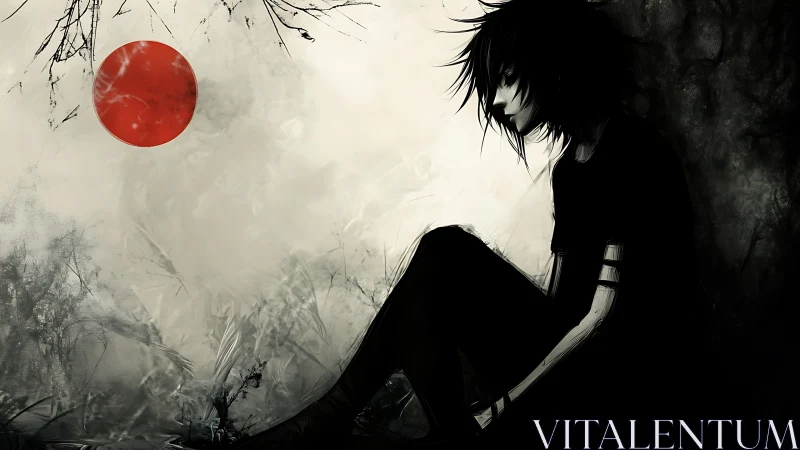 Melancholic silhouette with red sun against misted grayscale field.