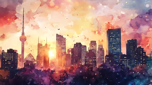 Watercolor urban skyline under diffuse sunset light period.