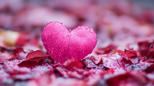 Heart-shaped flower petal glistens with morning dew droplets.
