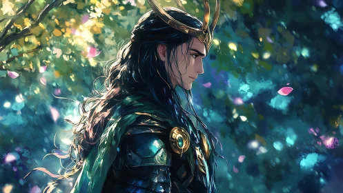 Digital painting profile of armored forest prince in bokeh light.