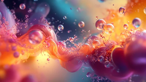 Digital painting of iridescent liquid ribbons and bubbles flow.