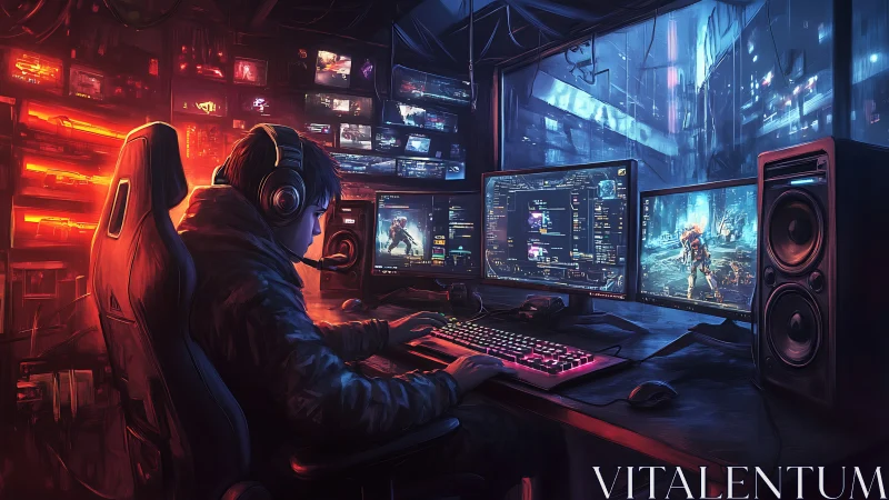 Cyberpunk gamer at triple monitor RGB battlestation desk.