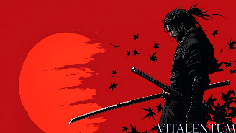 Scarlet dusk samurai broods beneath a blazing ink sun.