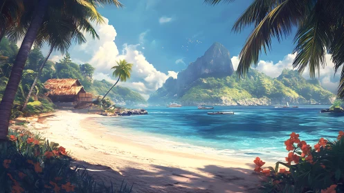 Tropical Paradise Cove With Mountain Backdrop.