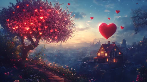 Luminescent Heart Tree at Twilight: Digital Fantasy Landscape with Architectural Elements
